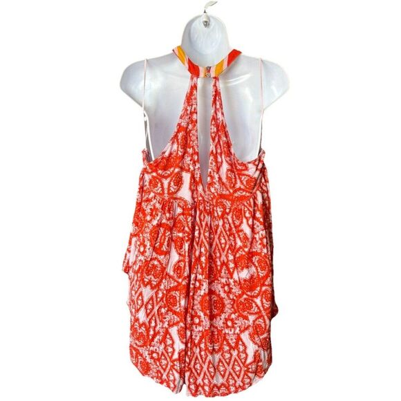 FREE PEOPLE Women’s Medium Orange Midsummer's Day Printed Halter Tank Tunic Top - Picture 4 of 9
